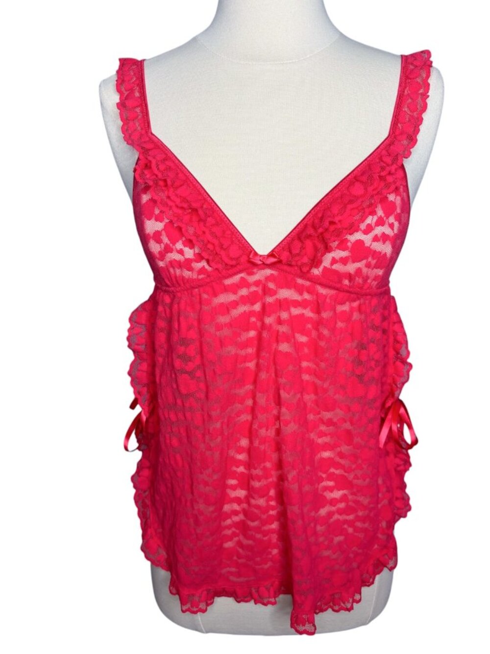 Victorias Secret The Lacie Red Sheer Lace Ruffle Babydoll Cami Lingerie Size S
